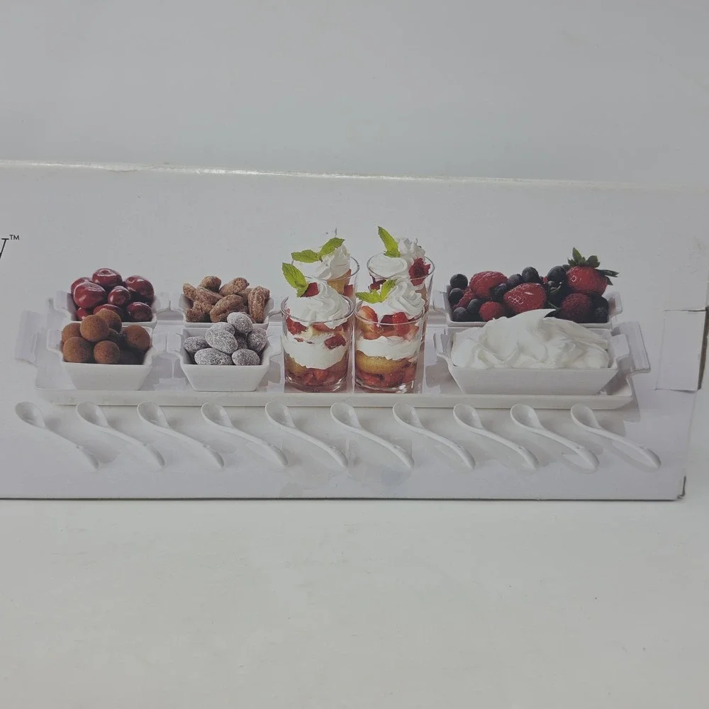 Pier 1 Imports Tasting Party Starter Set, White Stoneware Tray, Bowls, Spoons k